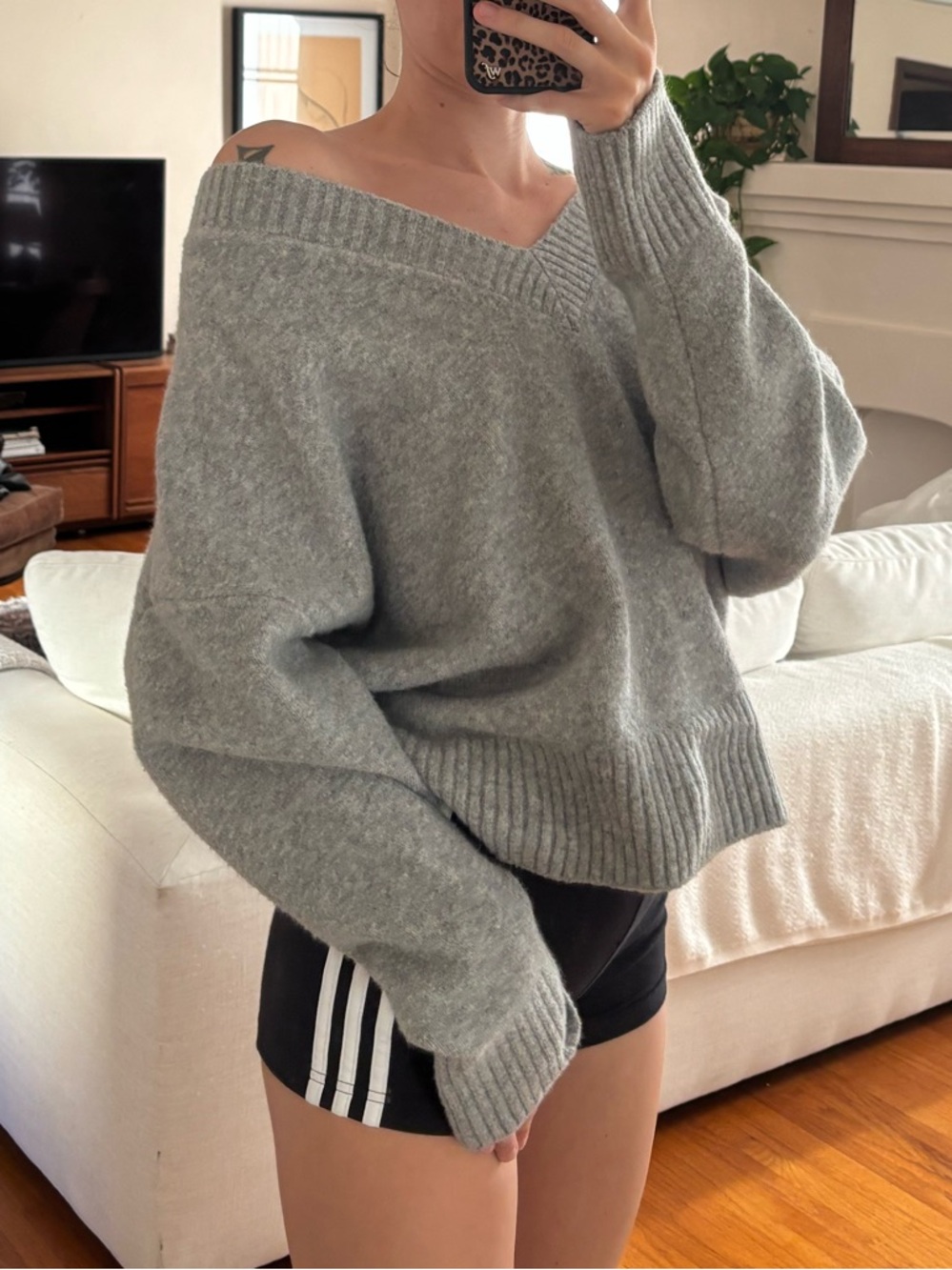 Zara Light Gray Off-the-Shoulder Knit Sweater